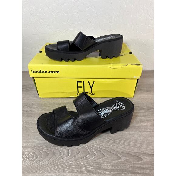 Fly London TECH493FLY Mousse Women's Black Leather Slip on Sandals Size 38 US 7 - Picture 2 of 7